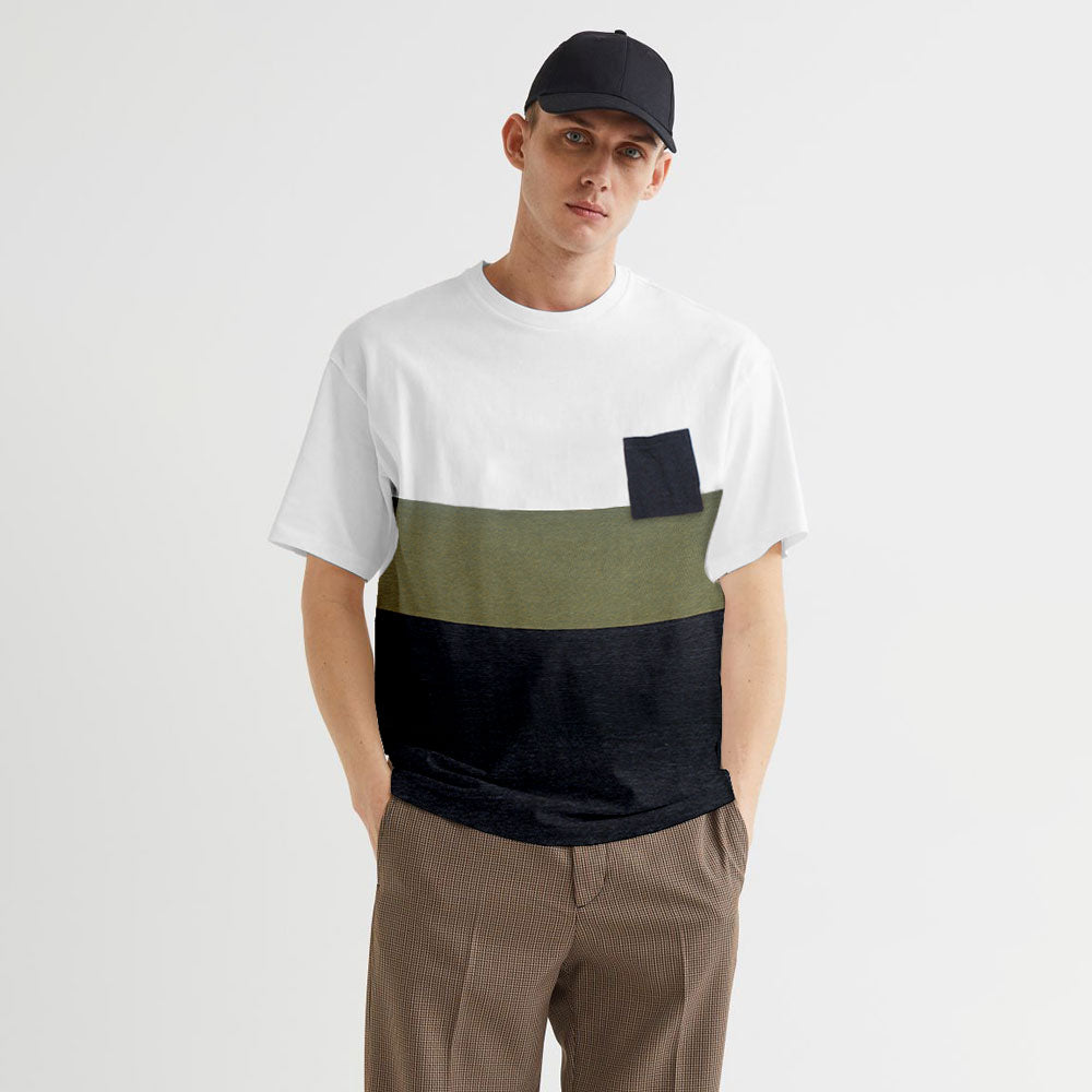 Men's White-Green-Black Pocket T-Shirt