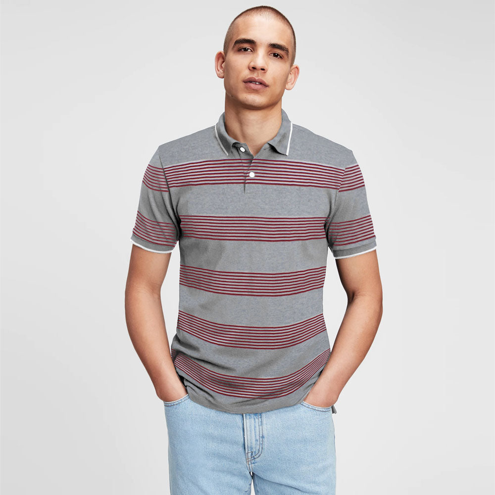 Men's Red-White-Gray Striped Polo