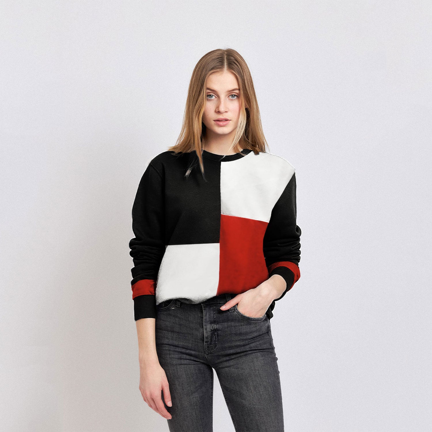 Ladies Red Black Block Panel Sweatshirt