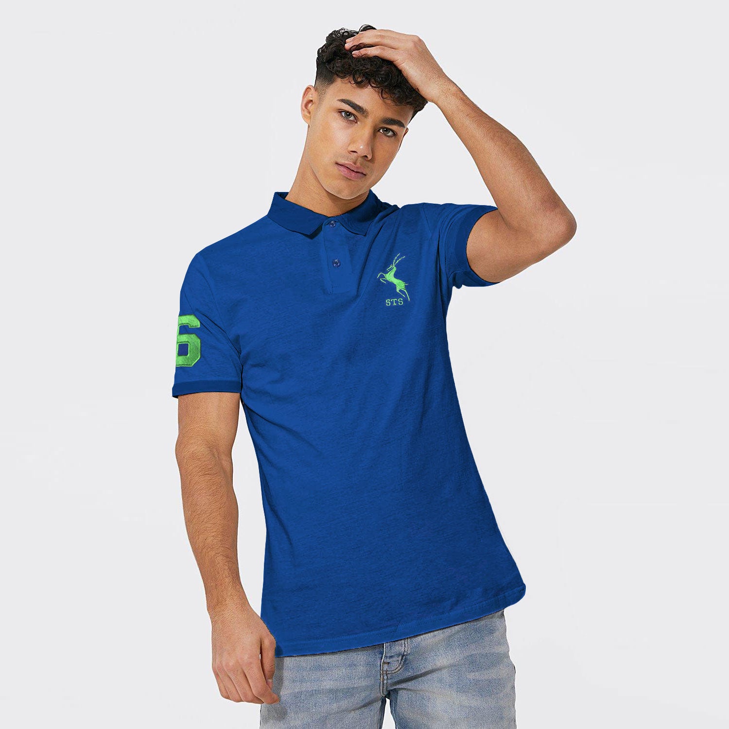 Men's Blue Polo with Green logo