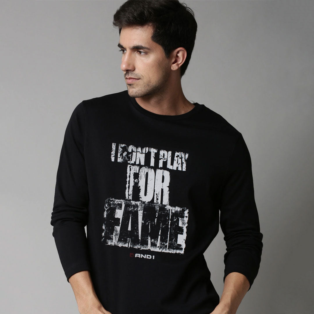 Men's Black Graphic Text Full Sleeve T-shirt