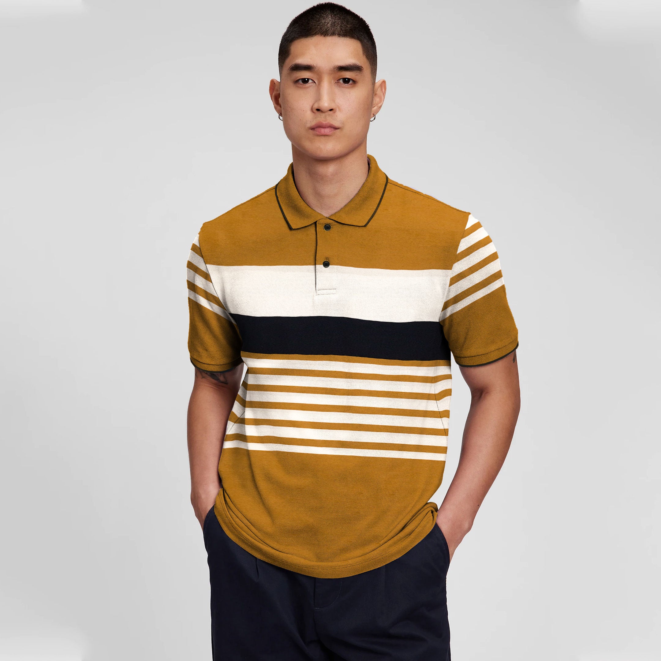 Men's Mustard blue & white lining polo shirt