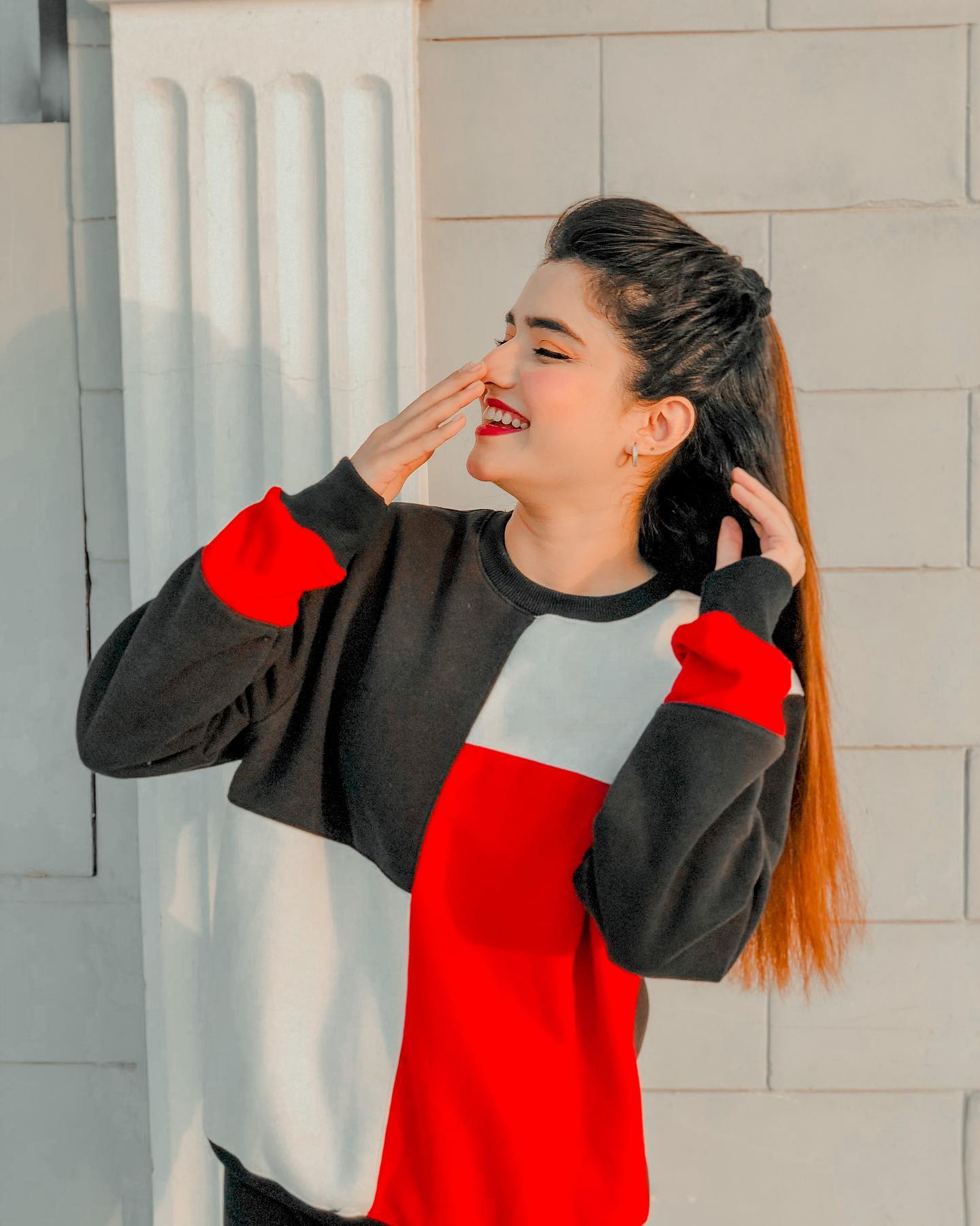 Ladies Red Black Block Panel Sweatshirt